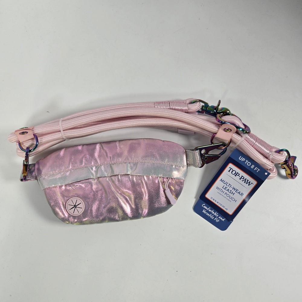 Top Paw Multi-Wear Leash Pouch Pink Purple Iridescent Hands-Free 8ft Pet Gear
